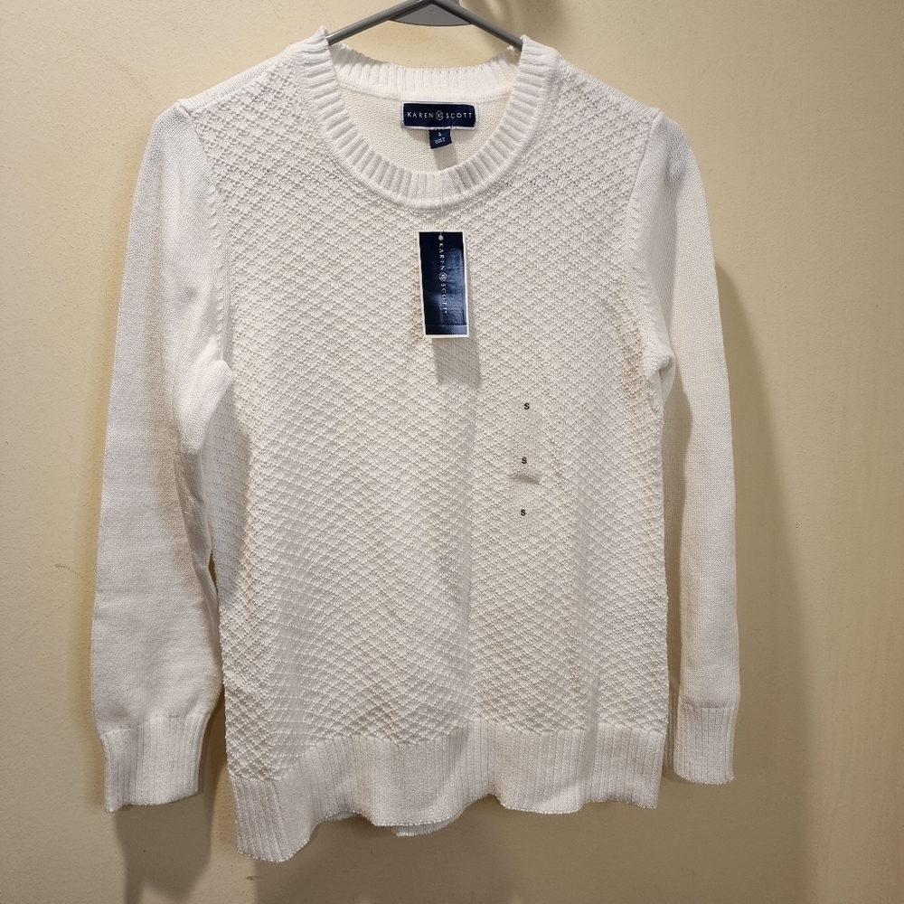 Karen Scott women's white 100% cotton crew neck sweater size S NWT